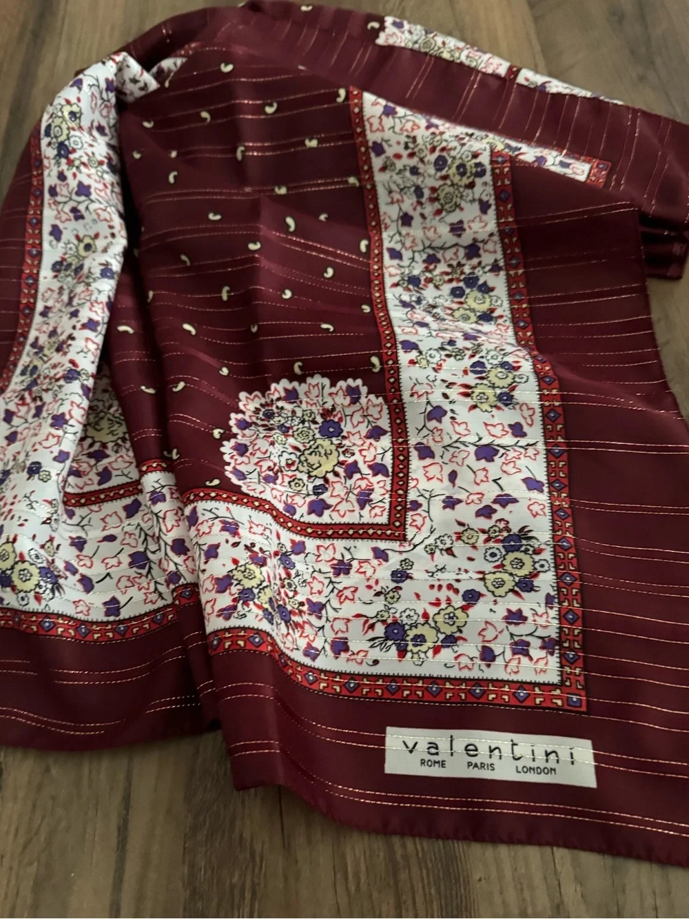 Valentini Floral Border Scarf in Burgundy & Cream